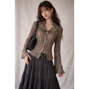 Brown Satin Plisse Pleated Boho Top Medium Forest Fairy Whimsigoth Witchy Y2K